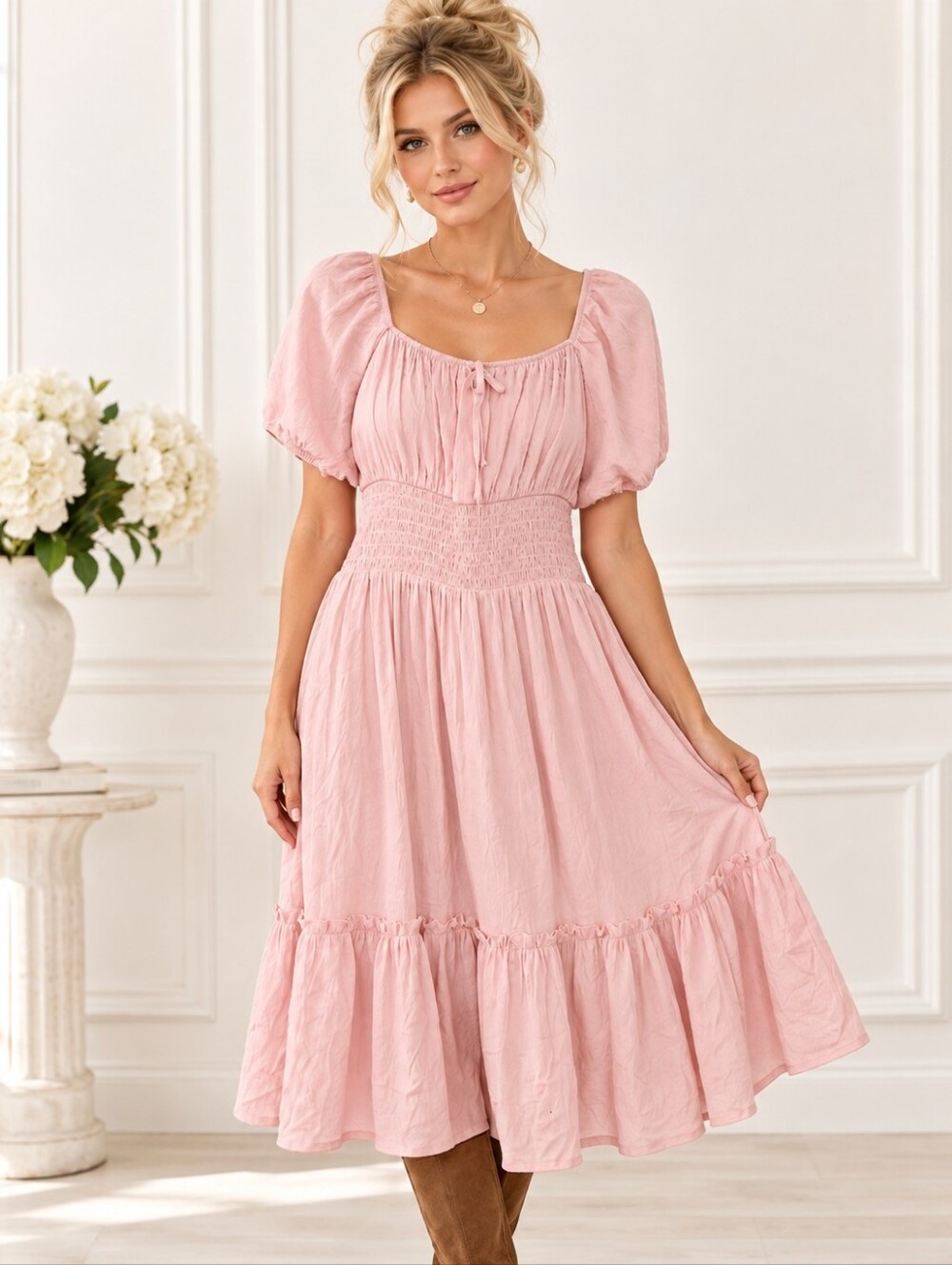 Celebrity Pink |Pink Smocked Waist Puff Sleeve Midi Dress Size XL | Cottagecore